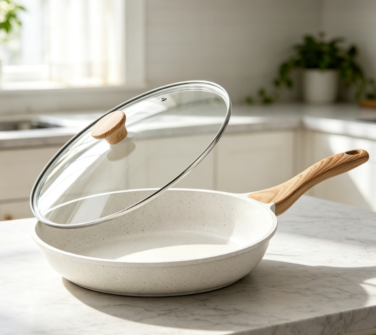 Ceramic Non Stick Frying Pan With Lid, Non Toxic, Heat Resistant Handle